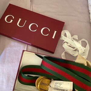 Gucci Red and Green Belt with Gold Buckle web rare $585